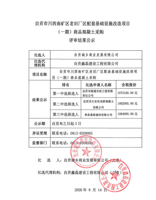 自贡市川西南矿区老旧厂区配套基础设施改造项目（一期）商品混凝土采购评审结果公示(图1)