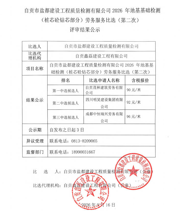自贡市盐都建设工程质量检测有限公司2026年地基基础检测（桩芯砼钻芯部分）劳务服务比选（第二次）评审结果公示(图1)