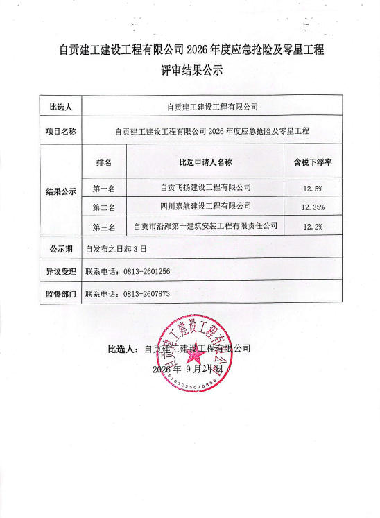 自贡建工建设工程有限公司2026年度应急抢险及零星工程评审结果公示(图1)