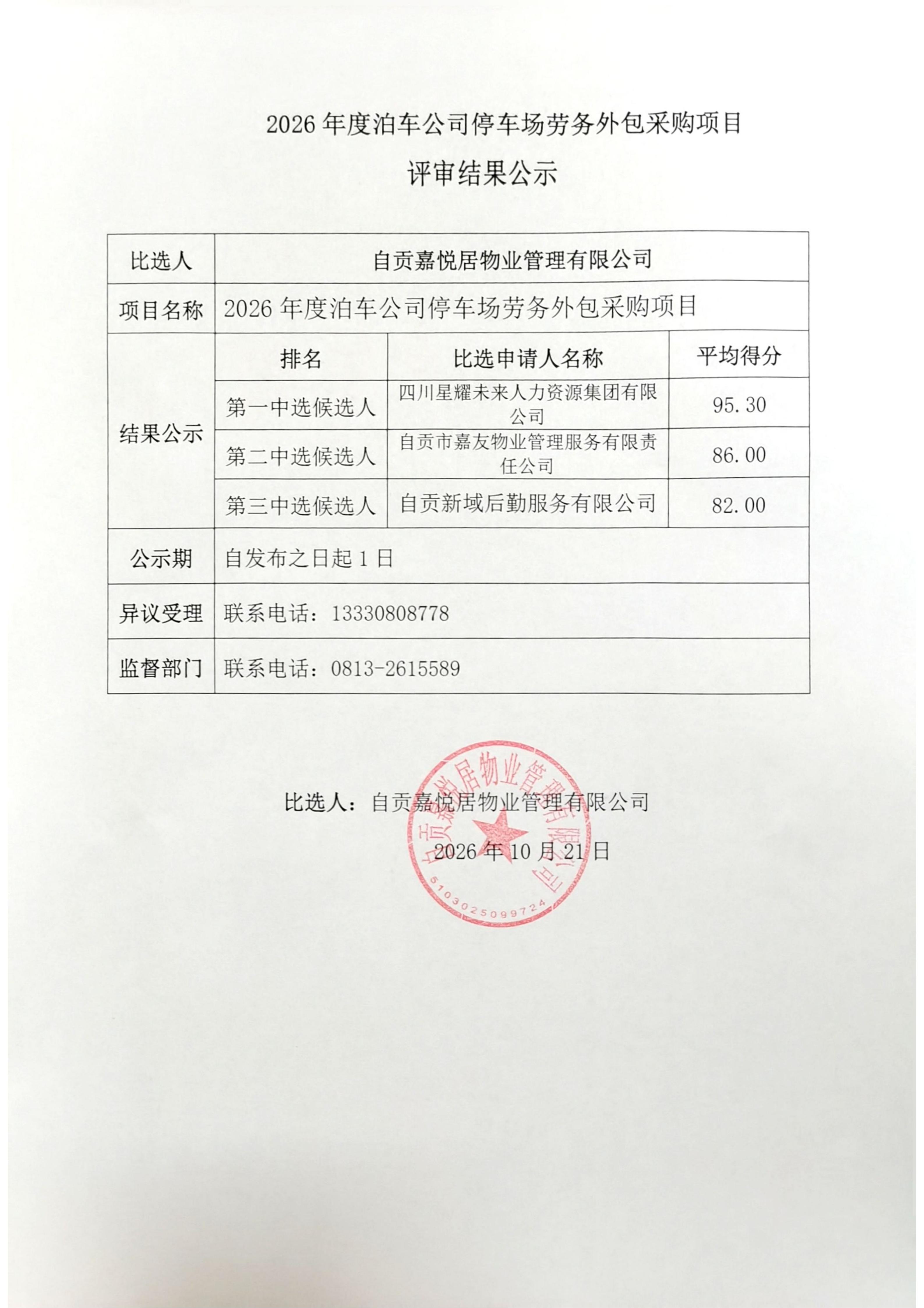 2026年度泊车公司停车场劳务外包采购项目评审结果公示(图1)